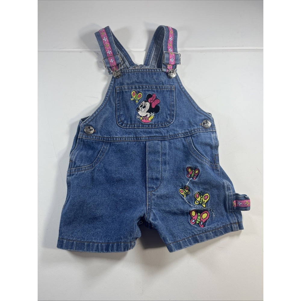 Vintage Disney Minnie Mouse Denim Overall One-Piece 12M Blue Pink Embroidered